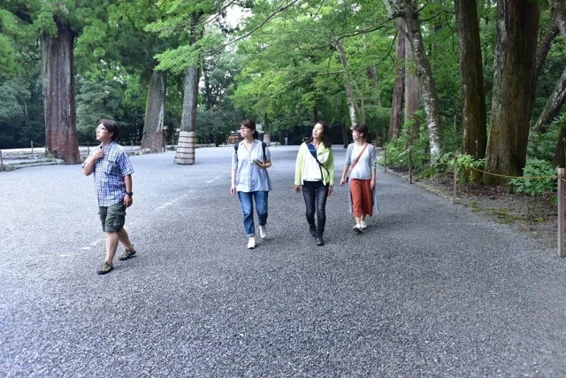 神社名・撮影場所未確認（越前ツアー中の参拝）での越前ツアーの参拝中、大きな木々に囲まれた道を歩く参加者