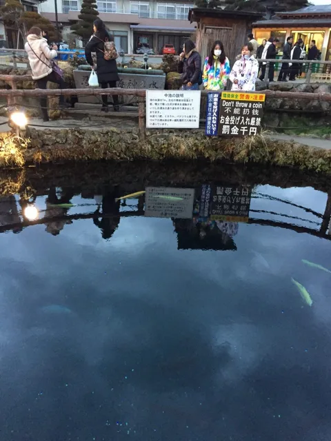 富士山スキー行事の立ち寄り先で、水辺と周囲の建物を眺める参加者